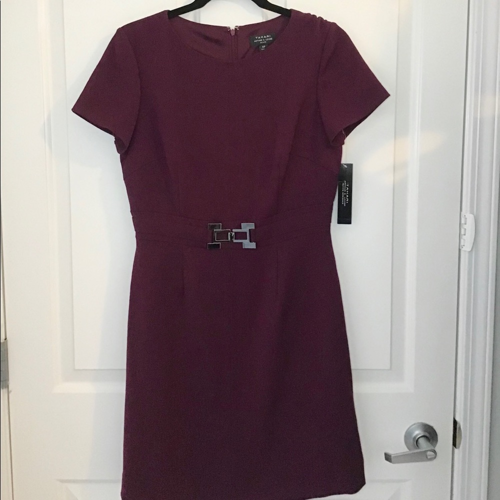 Tahari wine color fit and flair dress.